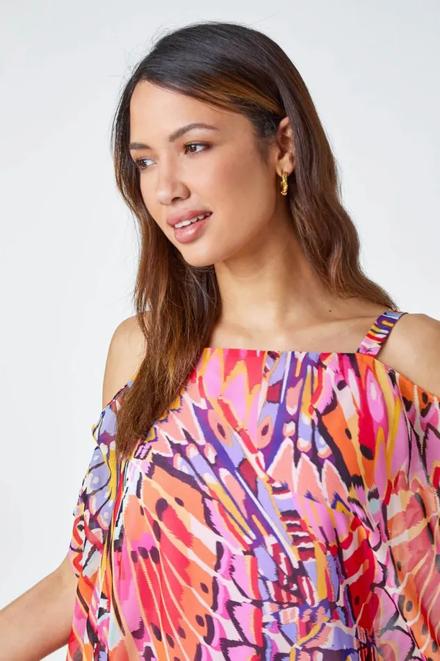 Pink Butterfly Contrast Cold Shoulder Chiffon Top Women Roman Tops