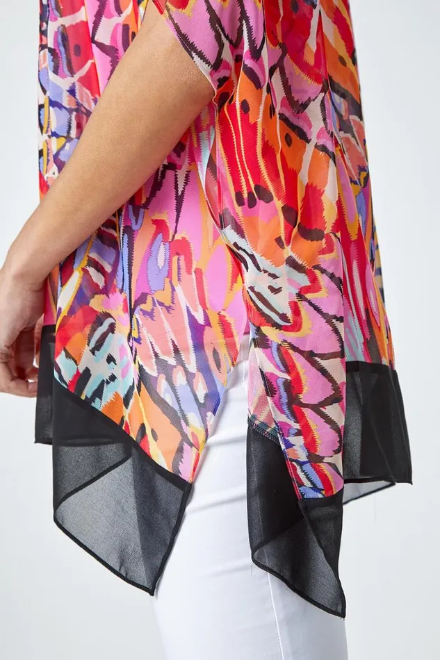 Pink Butterfly Contrast Cold Shoulder Chiffon Top Women Roman Tops