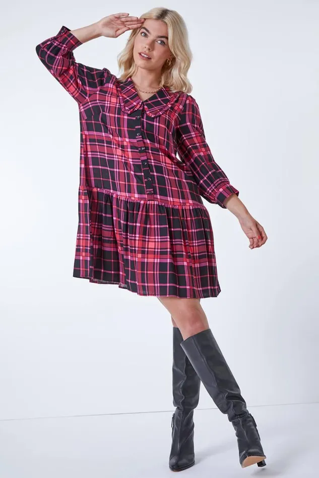 Pink Checked Tunic Mini Dress Women Roman Dresses