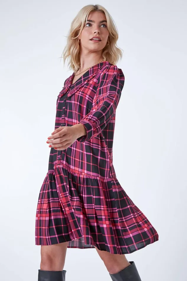 Pink Checked Tunic Mini Dress Women Roman Dresses
