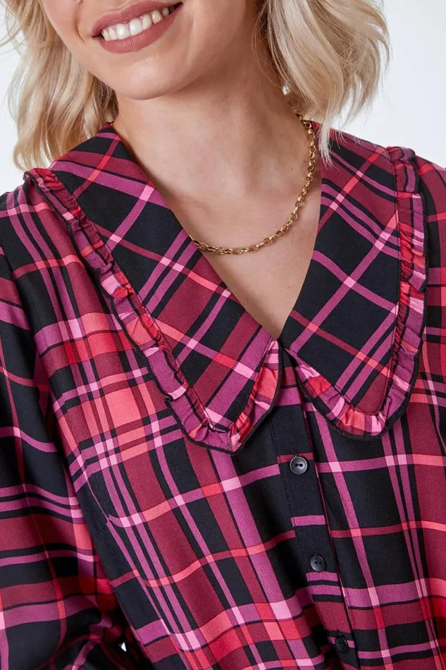 Pink Checked Tunic Mini Dress Women Roman Dresses