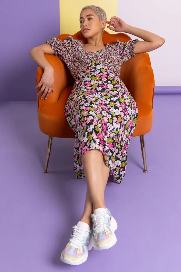 Pink Contrast Floral Print Tea Dress Women Roman Dresses
