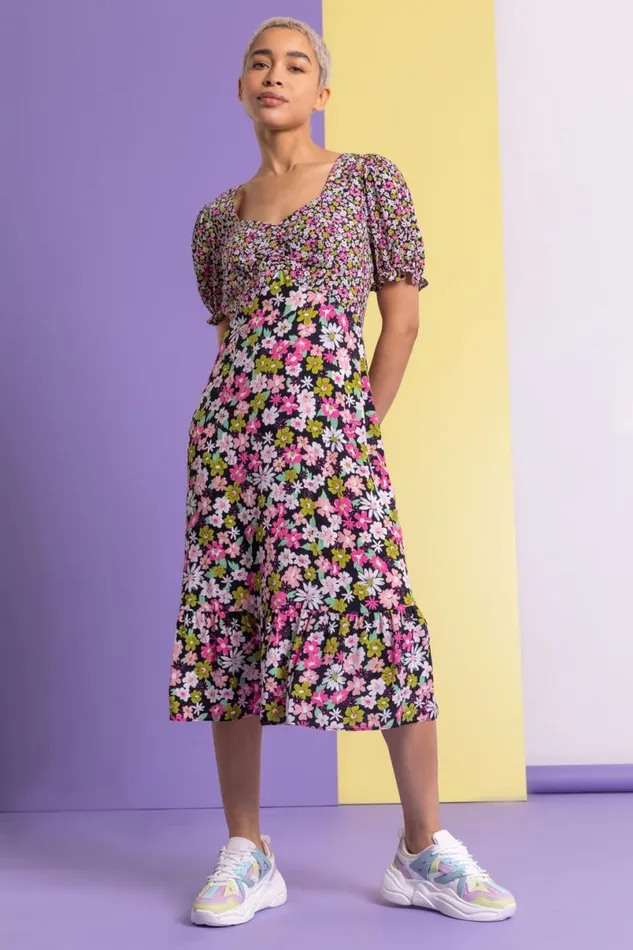 Pink Contrast Floral Print Tea Dress Women Roman Dresses