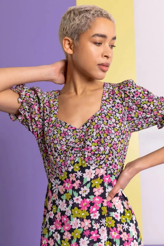Pink Contrast Floral Print Tea Dress Women Roman Dresses
