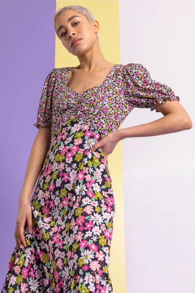 Pink Contrast Floral Print Tea Dress Women Roman Dresses