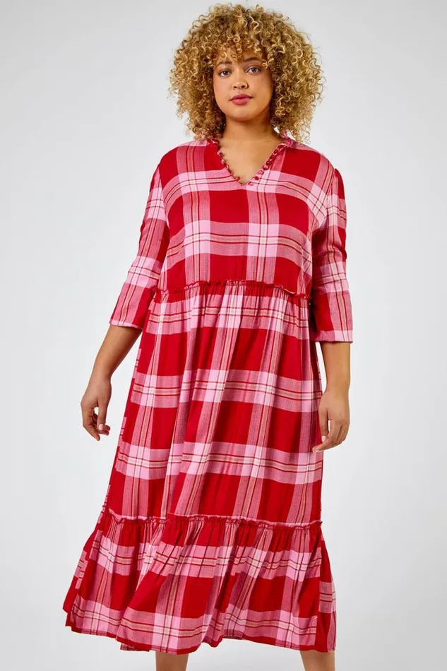 Pink Curve Check Print Tiered Dress Women Roman Dresses