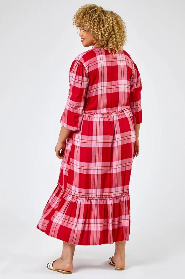 Pink Curve Check Print Tiered Dress Women Roman Dresses