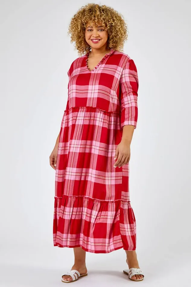Pink Curve Check Print Tiered Dress Women Roman Dresses