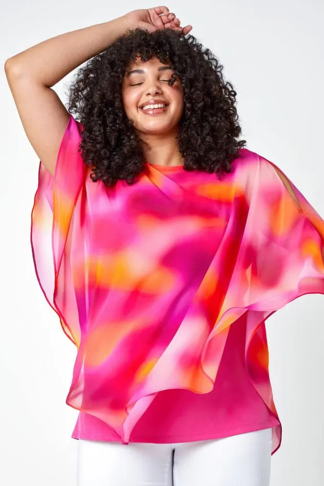 Pink Curve Ombre Print Chiffon Overlay Top Women Roman Tops