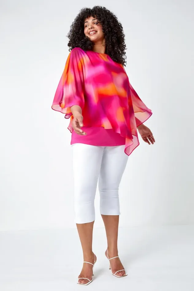 Pink Curve Ombre Print Chiffon Overlay Top Women Roman Tops