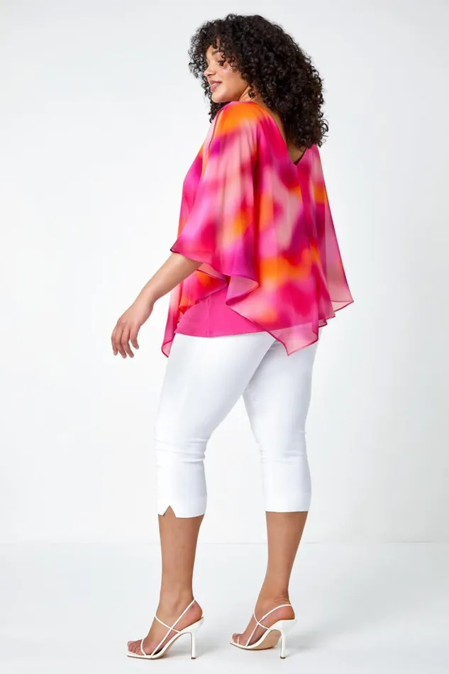 Pink Curve Ombre Print Chiffon Overlay Top Women Roman Tops