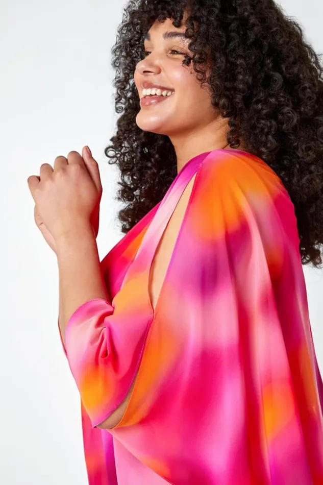 Pink Curve Ombre Print Chiffon Overlay Top Women Roman Tops