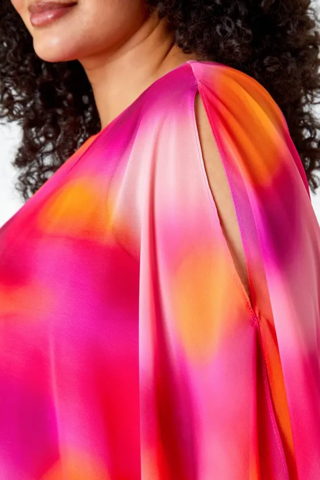 Pink Curve Ombre Print Chiffon Overlay Top Women Roman Tops