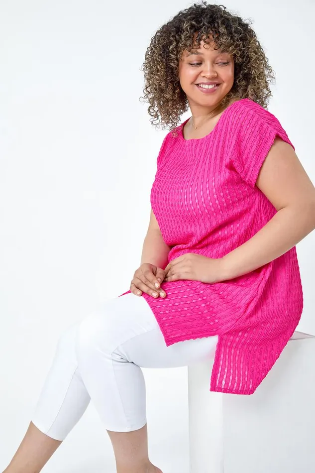 Pink Curve Textured Short Sleeve TShirt Women Roman Tops