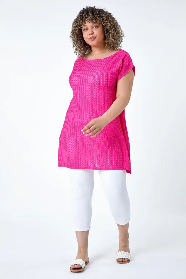Pink Curve Textured Short Sleeve TShirt Women Roman Tops
