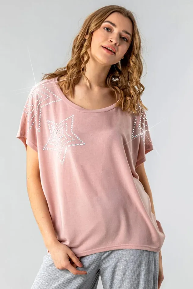 Pink Diamante Star Shoulder Top Women Roman Tops