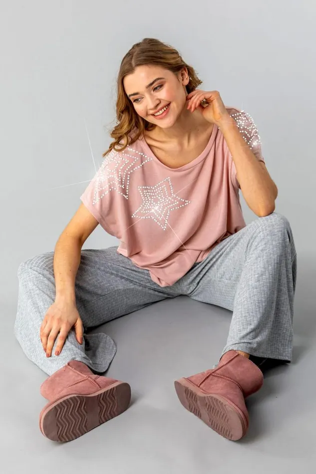 Pink Diamante Star Shoulder Top Women Roman Tops