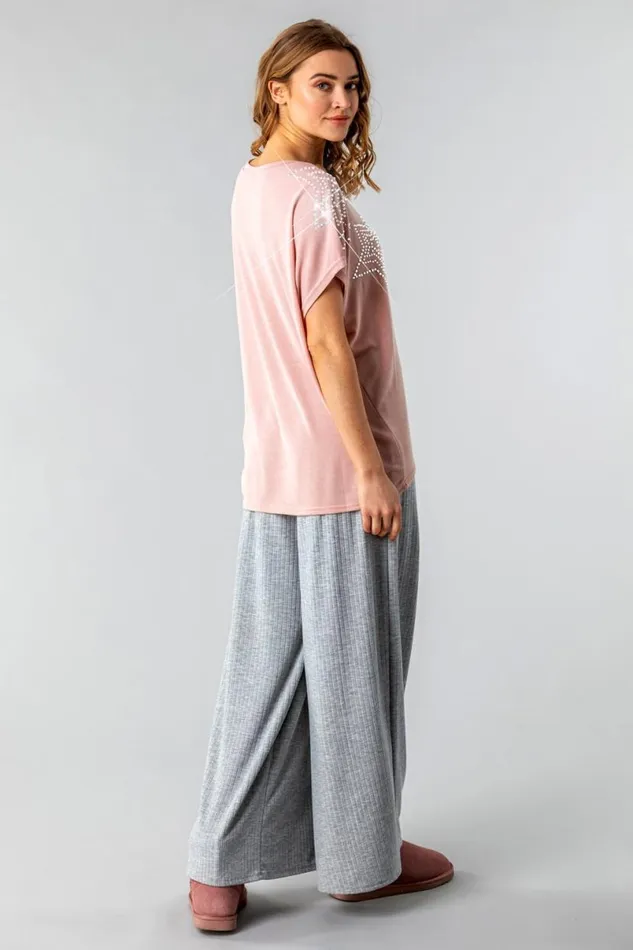 Pink Diamante Star Shoulder Top Women Roman Tops
