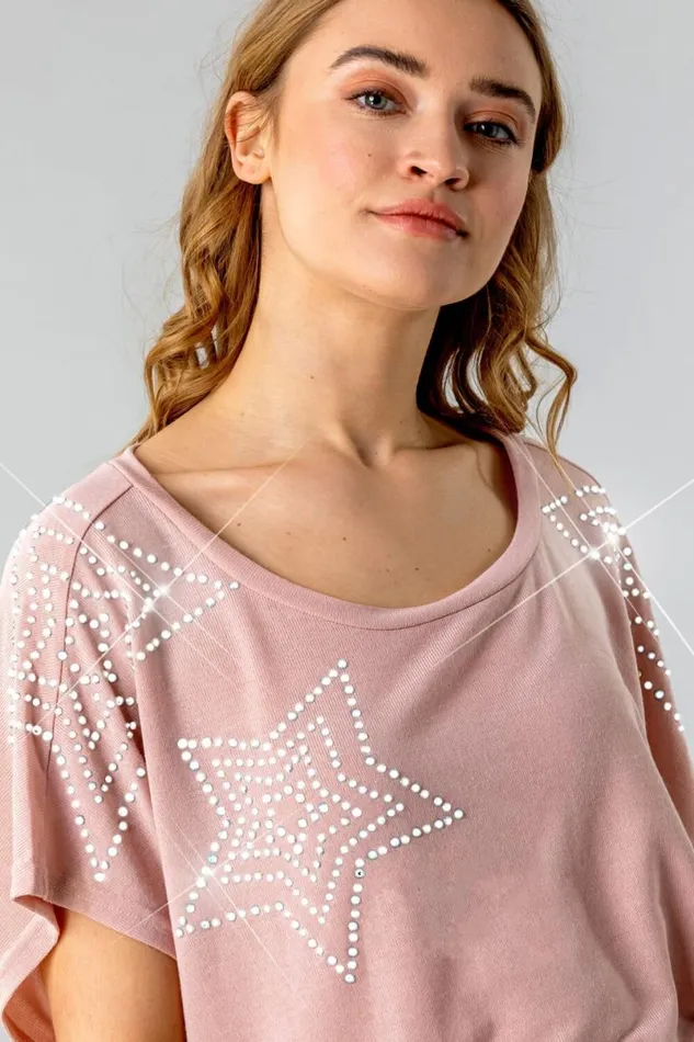 Pink Diamante Star Shoulder Top Women Roman Tops