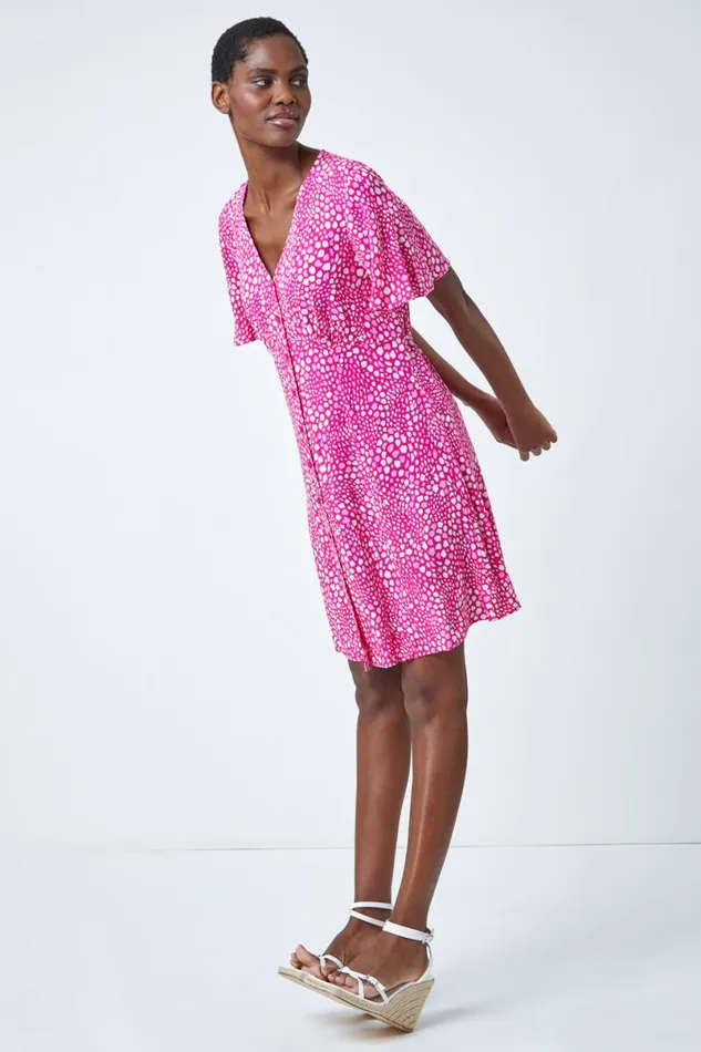 Pink Ditsy Spot Print Button Dress Women Roman Dresses