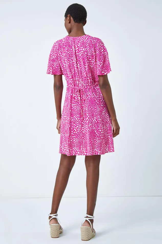 Pink Ditsy Spot Print Button Dress Women Roman Dresses