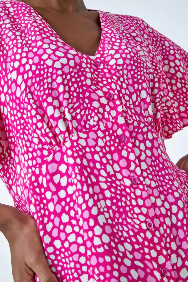Pink Ditsy Spot Print Button Dress Women Roman Dresses