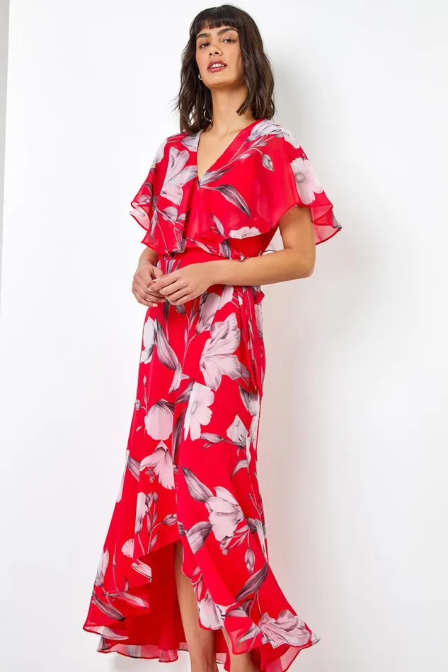 Pink Floral Print Chiffon Frill Cape Midi Dress Women Roman Dresses