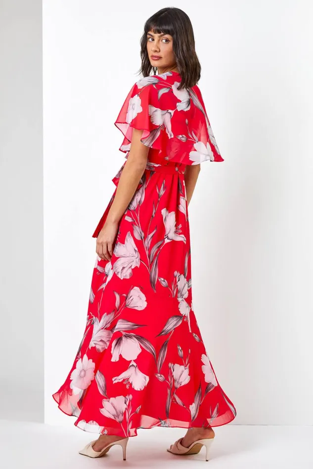 Pink Floral Print Chiffon Frill Cape Midi Dress Women Roman Dresses