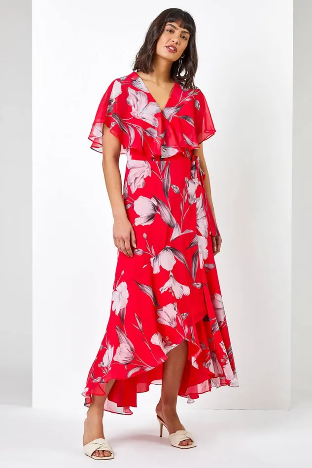 Pink Floral Print Chiffon Frill Cape Midi Dress Women Roman Dresses