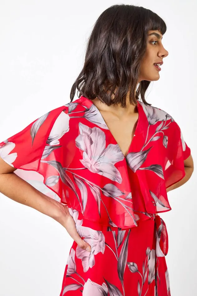Pink Floral Print Chiffon Frill Cape Midi Dress Women Roman Dresses