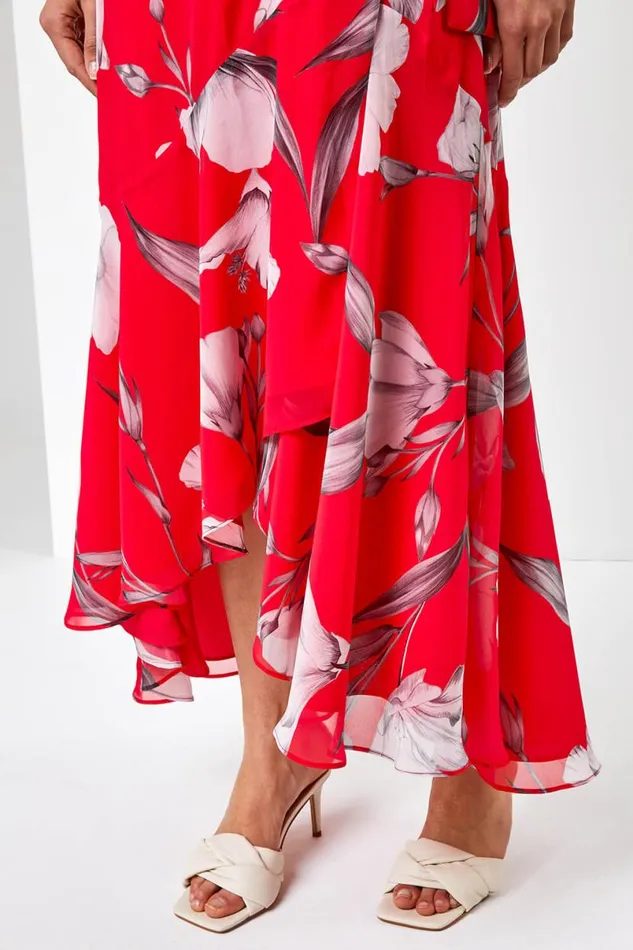 Pink Floral Print Chiffon Frill Cape Midi Dress Women Roman Dresses