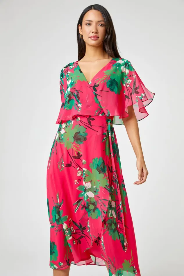 Pink Floral Print Frill Cape Wrap Dress Women Roman Dresses