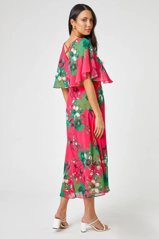 Pink Floral Print Frill Cape Wrap Dress Women Roman Dresses