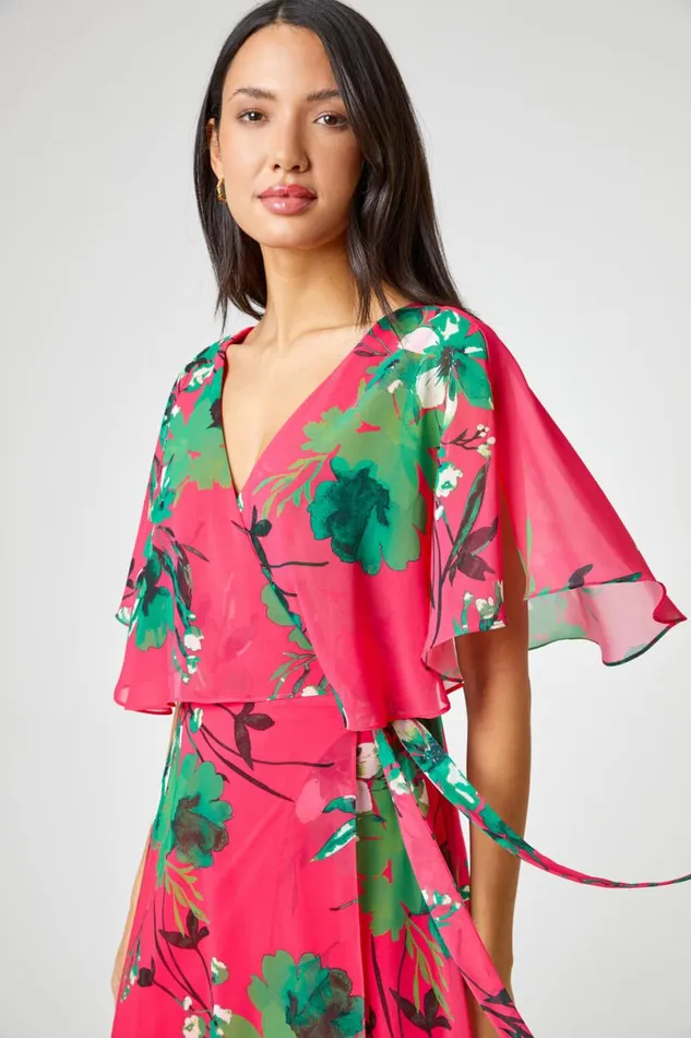 Pink Floral Print Frill Cape Wrap Dress Women Roman Dresses