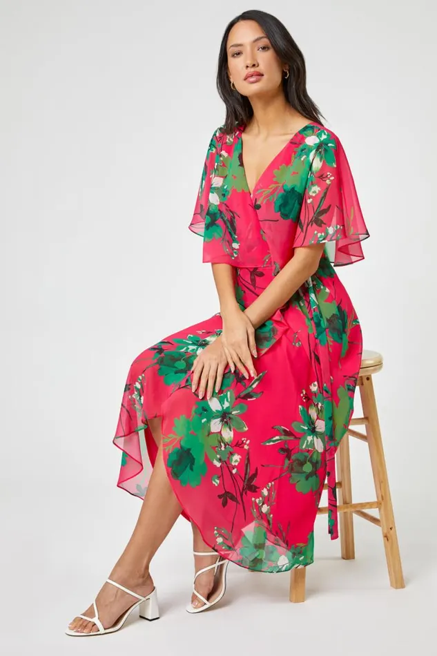 Pink Floral Print Frill Cape Wrap Dress Women Roman Dresses