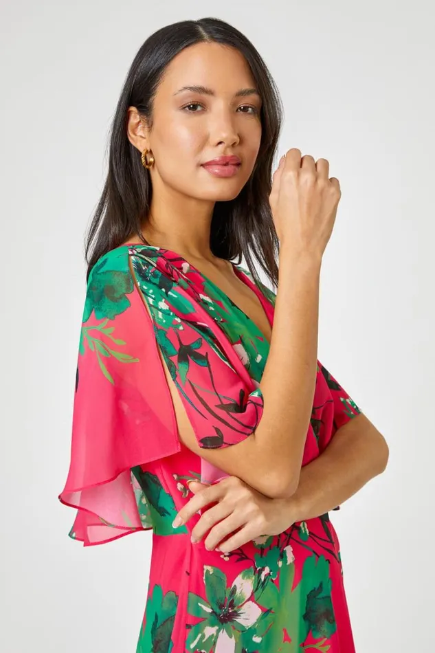 Pink Floral Print Frill Cape Wrap Dress Women Roman Dresses