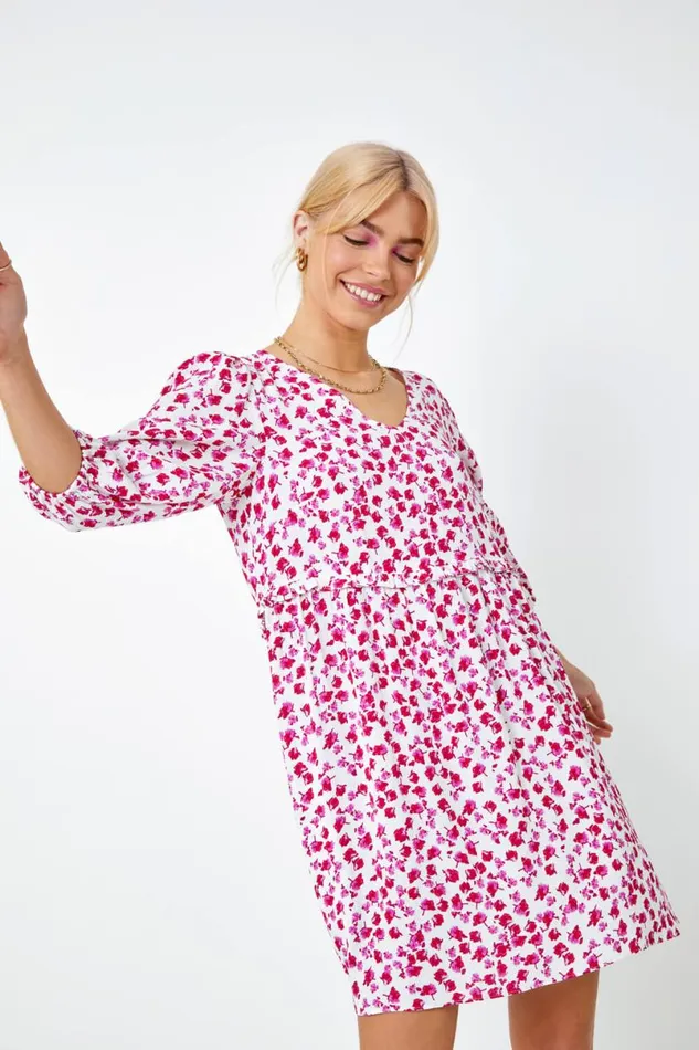 Pink Floral Print Frill Detail Smock Dress Women Roman Dresses