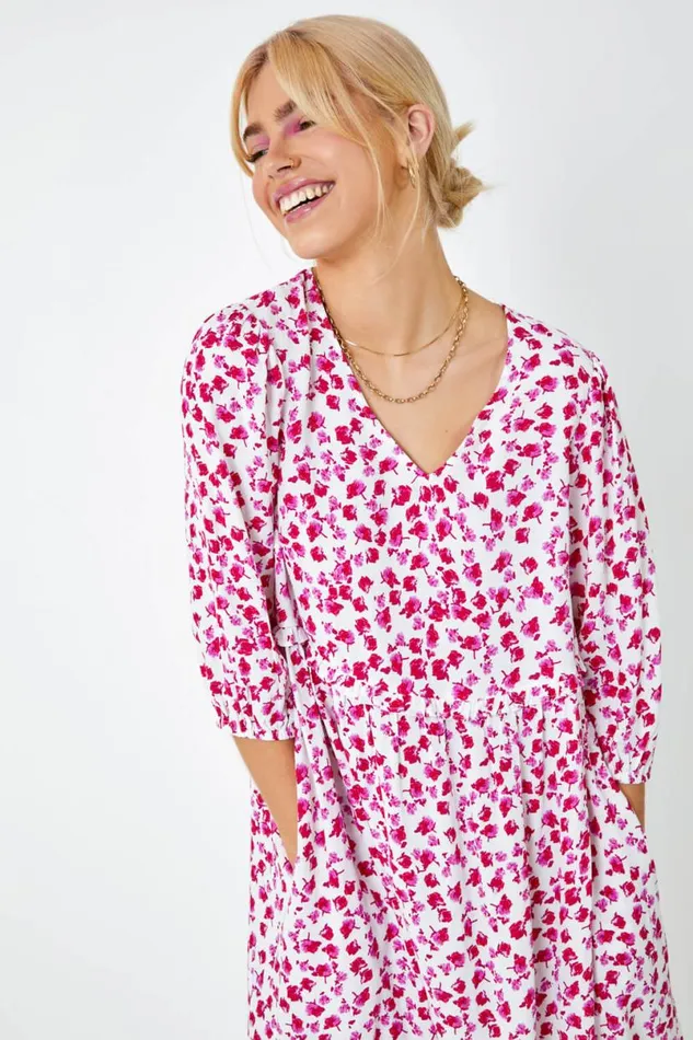 Pink Floral Print Frill Detail Smock Dress Women Roman Dresses