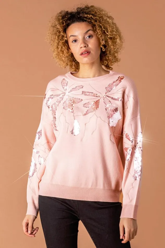 Pink Floral Sequin Embellished Jumper Women Roman Knitwear