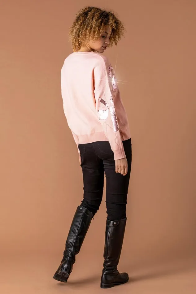 Pink Floral Sequin Embellished Jumper Women Roman Knitwear