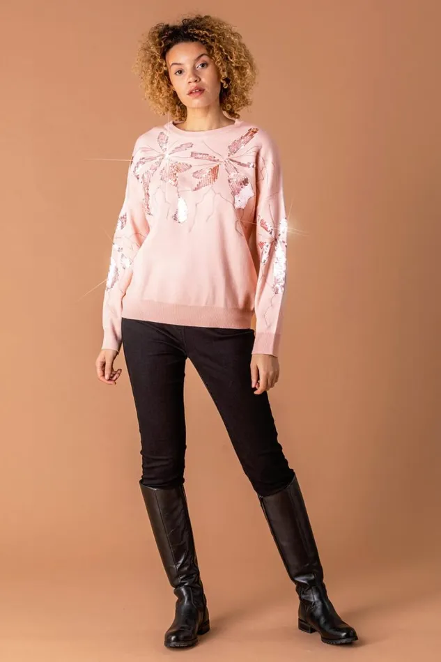 Pink Floral Sequin Embellished Jumper Women Roman Knitwear