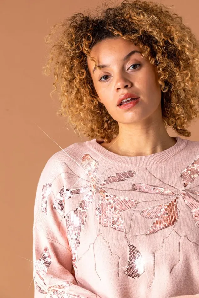 Pink Floral Sequin Embellished Jumper Women Roman Knitwear