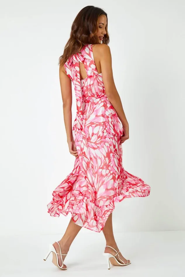 Pink Halterneck Butterfly Chiffon Asymmetric Dress Women Roman Dresses
