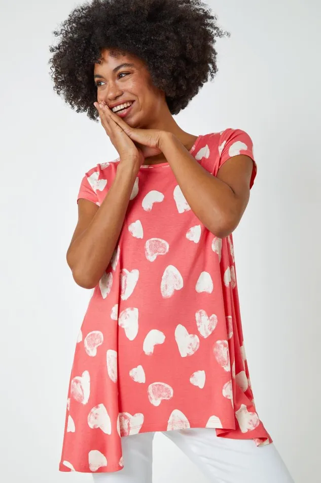 Pink Heart Print Hanky Hem Tunic Top Women Roman Tops