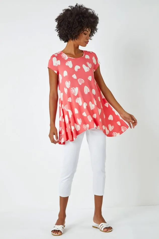 Pink Heart Print Hanky Hem Tunic Top Women Roman Tops