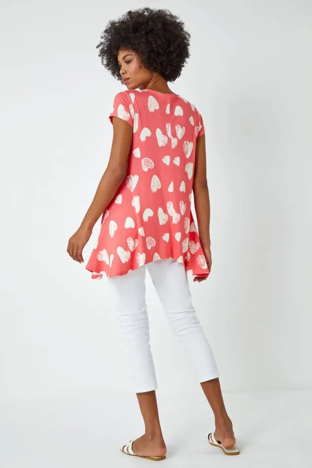 Pink Heart Print Hanky Hem Tunic Top Women Roman Tops