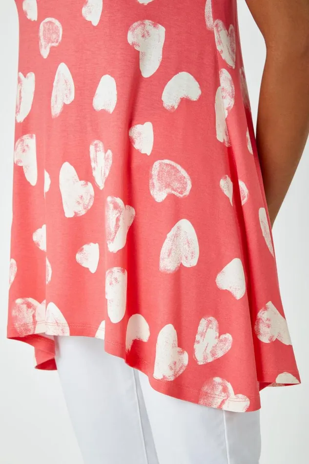 Pink Heart Print Hanky Hem Tunic Top Women Roman Tops