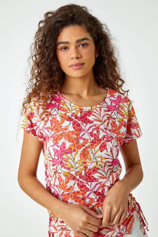Pink Leaf Print Side Tie Stretch Top Women Roman Tops