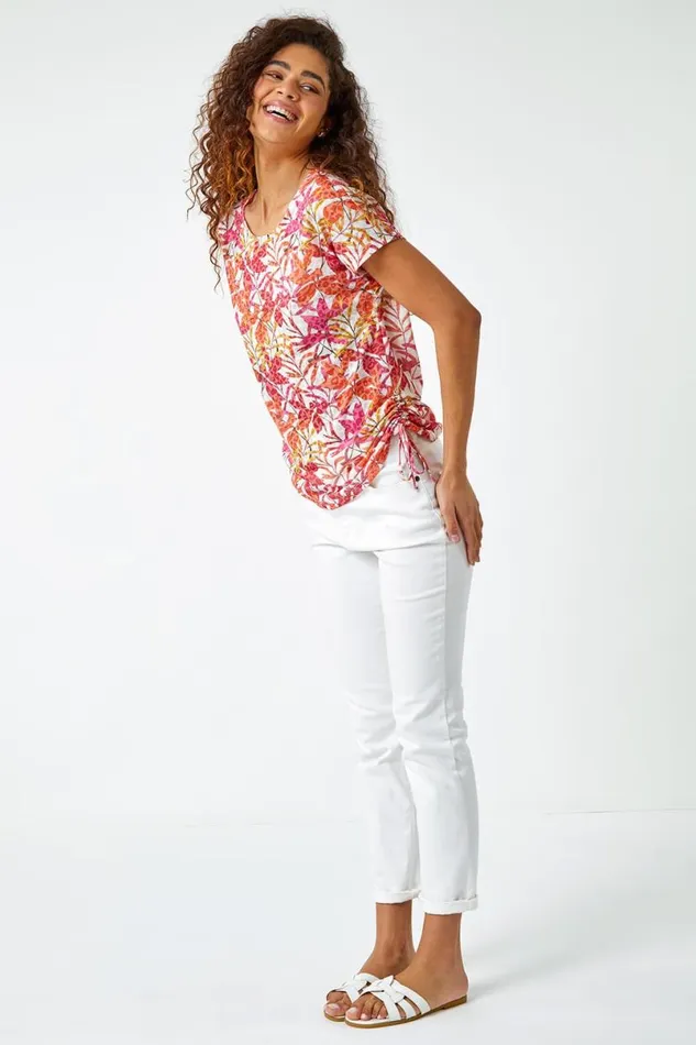 Pink Leaf Print Side Tie Stretch Top Women Roman Tops