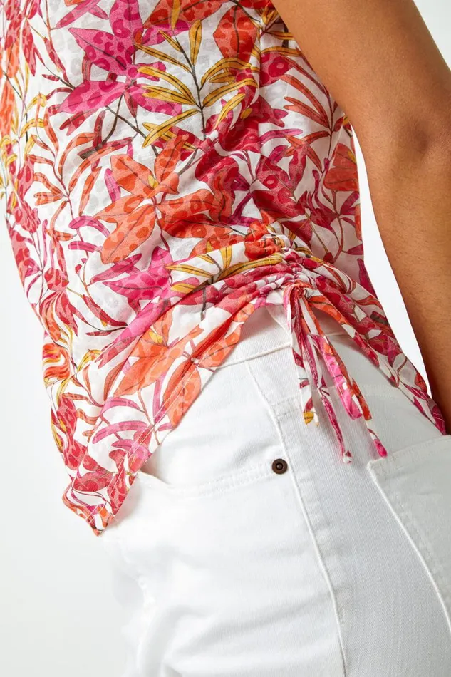 Pink Leaf Print Side Tie Stretch Top Women Roman Tops